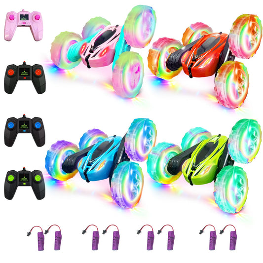 Lumiparty 4Pack RC stunt cars with wheel lights for vibrant nighttime play.