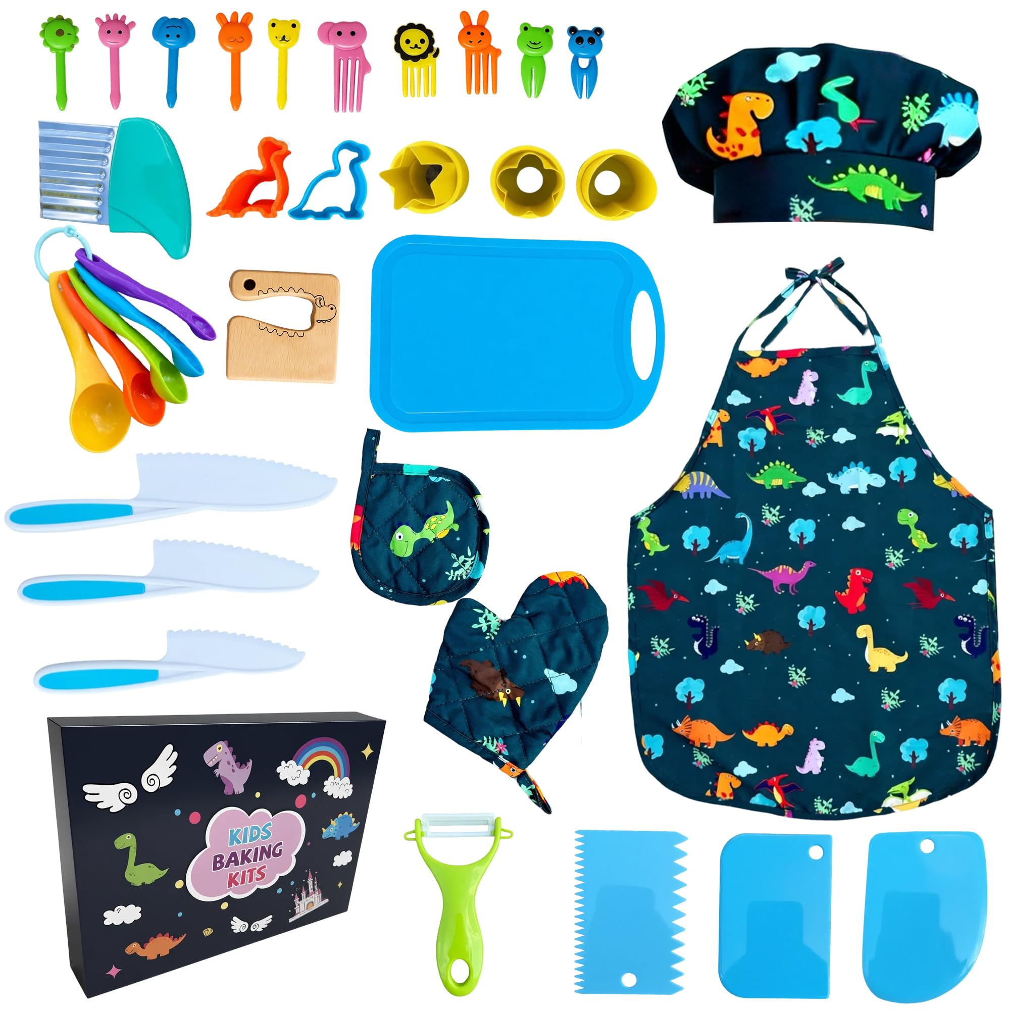 Lumiparty kids cooking set apron hat on display, durable pretend-play cooking accessories for kids.
