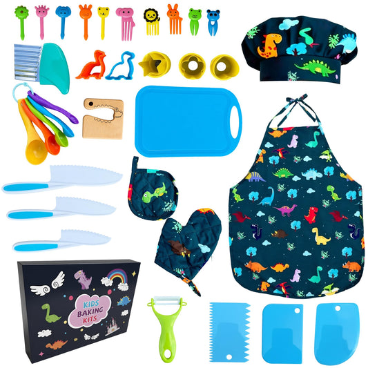 Lumiparty kids cooking set apron hat on display, durable pretend-play cooking accessories for kids.