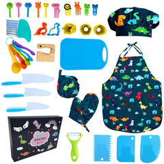 Lumiparty kids cooking set apron hat on display, durable pretend-play cooking accessories for kids.