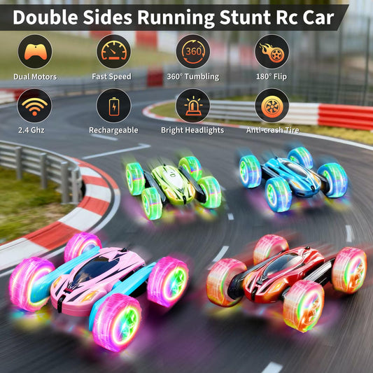 Lumiparty RC stunt car performing a 360-degree flip in action.