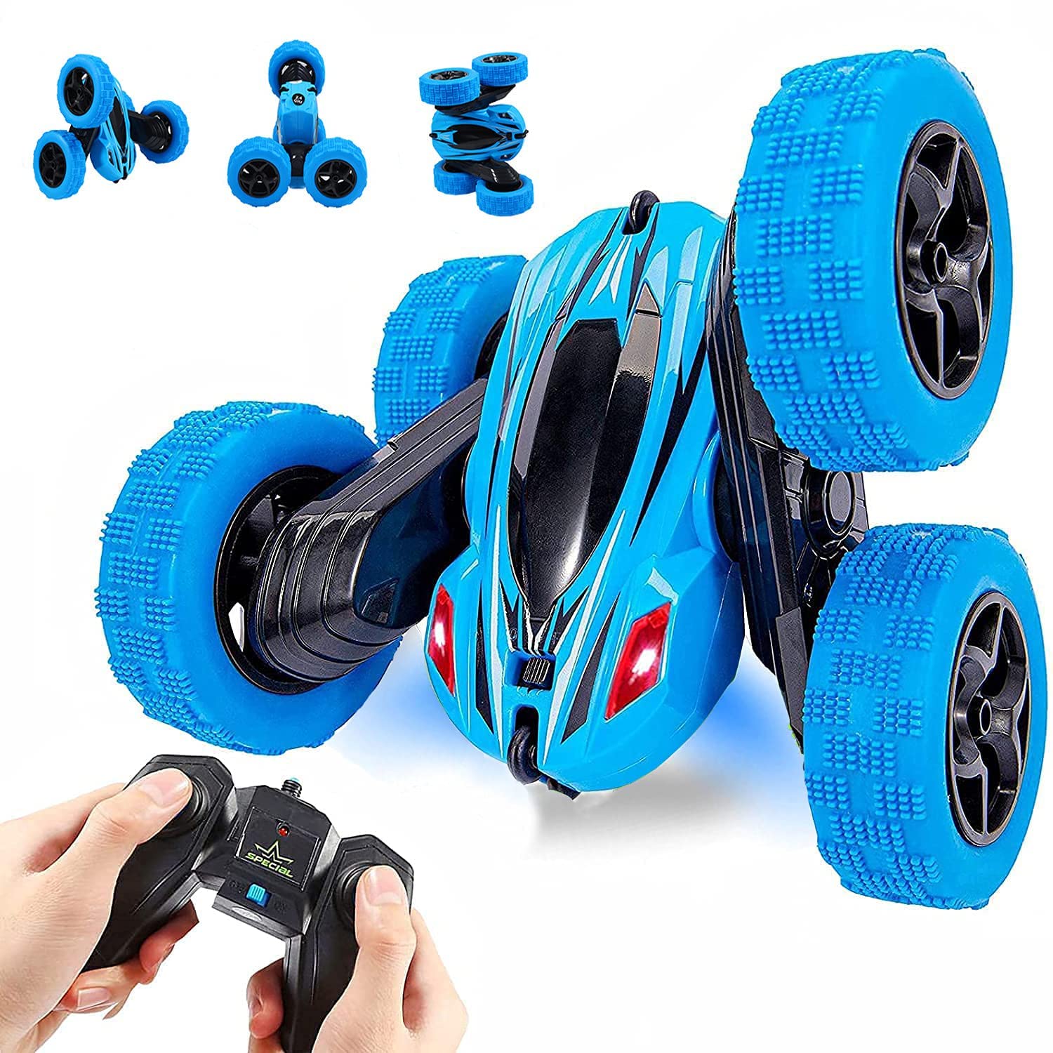 Lumiparty RC stunt car in action showcases quick turns and tumbling flips.