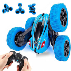 Lumiparty RC stunt car in action showcases quick turns and tumbling flips.
