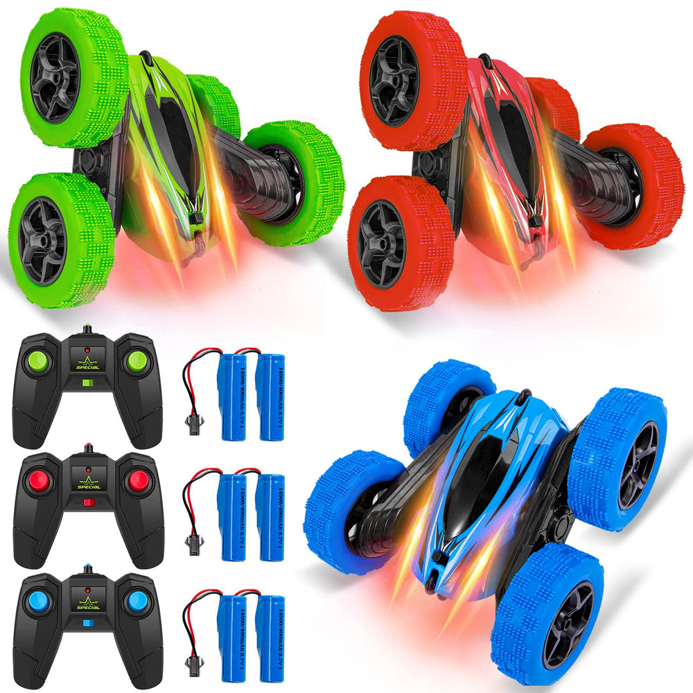 Lumiparty RC stunt car side view highlights 4WD rugged stance for off-road fun.