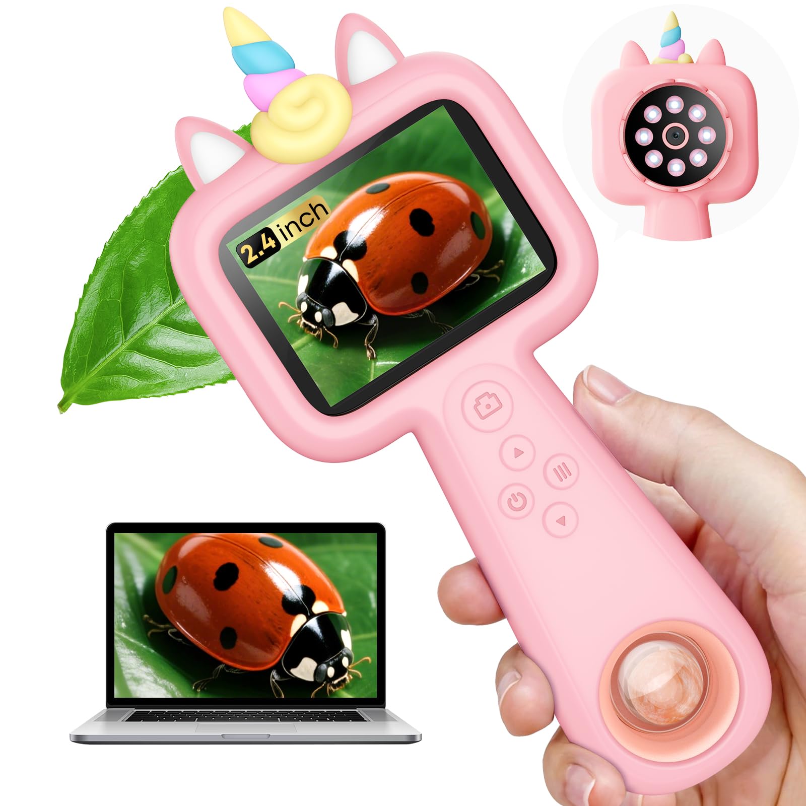 Lumiscp kids microscope with 2.4-inch screen enables real-time, clear viewing.