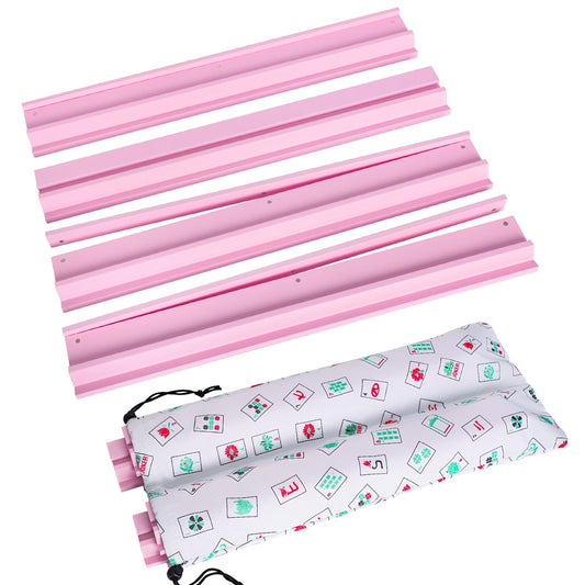 LUMIVIA pink wooden mahjong racks with pushers provide organized tile handling during games.