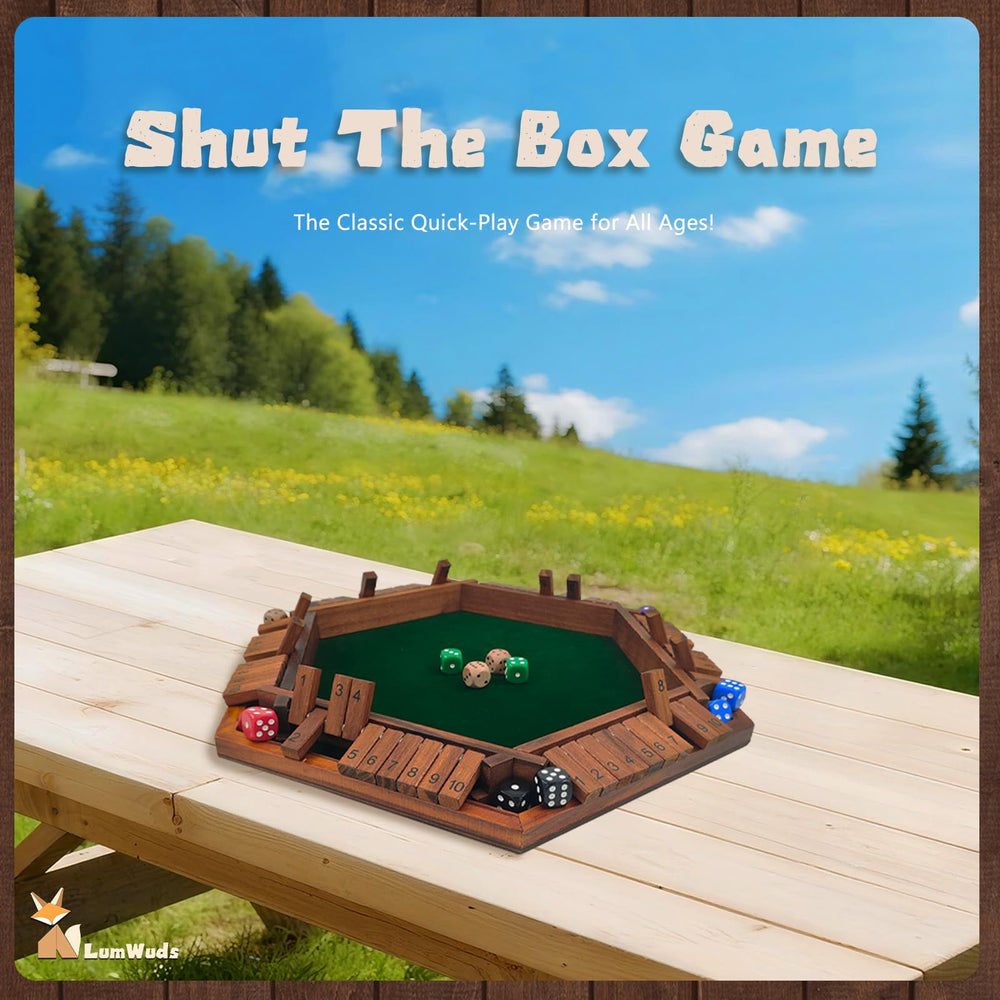 LumWuds Shut The Box dice set close-up for fast counting and decision-making.