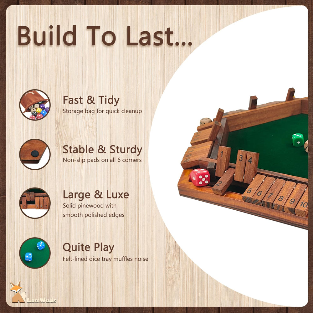 LumWuds Shut The Box surface with felt reduces dice noise for smoother play.