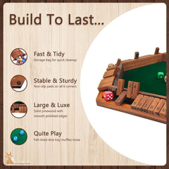 LumWuds Shut The Box surface with felt reduces dice noise for smoother play.