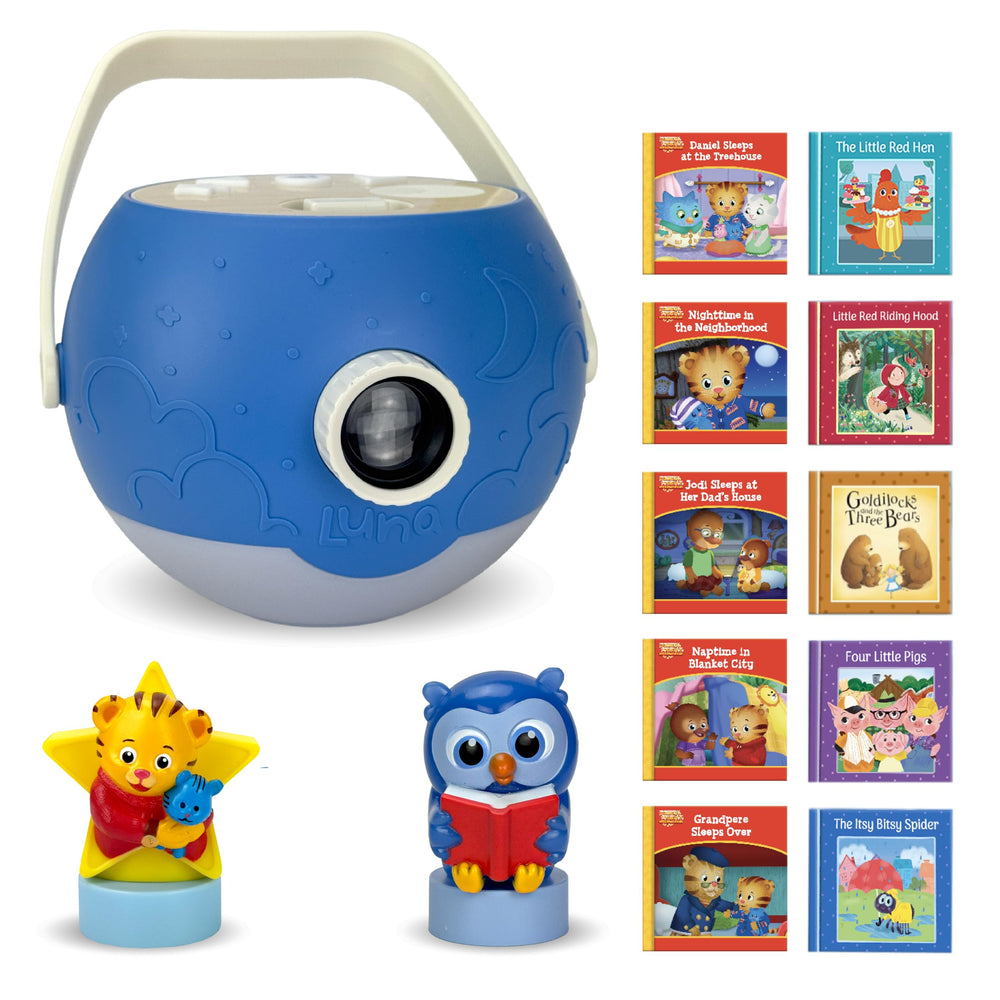 LUNA STORYTIME Daniel Tiger projection on wall for screen-free storytelling.