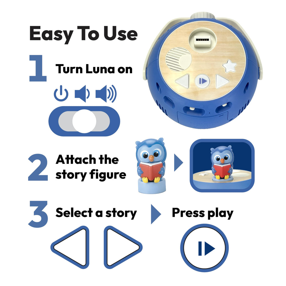 LUNA STORYTIME portable projector powered by USB-C or batteries.