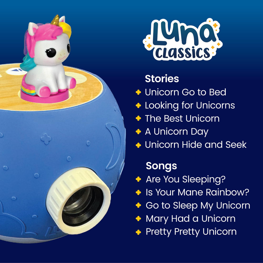 Luna Storytime projection of unicorn tales on a wall with gentle visuals.