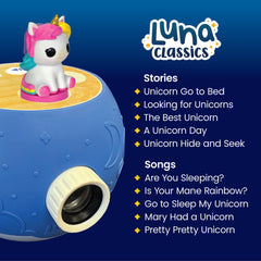 Luna Storytime projection of unicorn tales on a wall with gentle visuals.