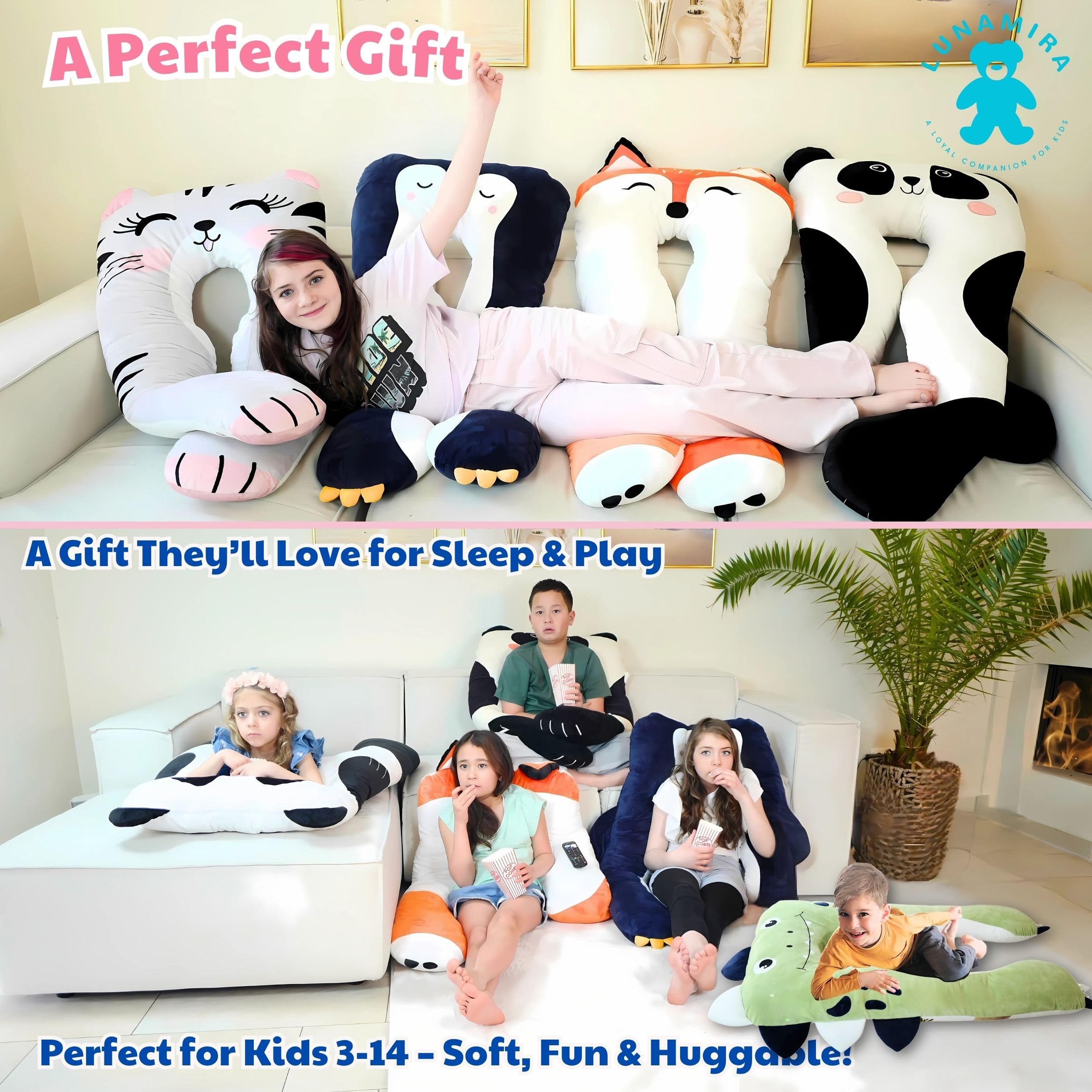 LUNAMIRA flip-design cuddle pillow encourages interactive play