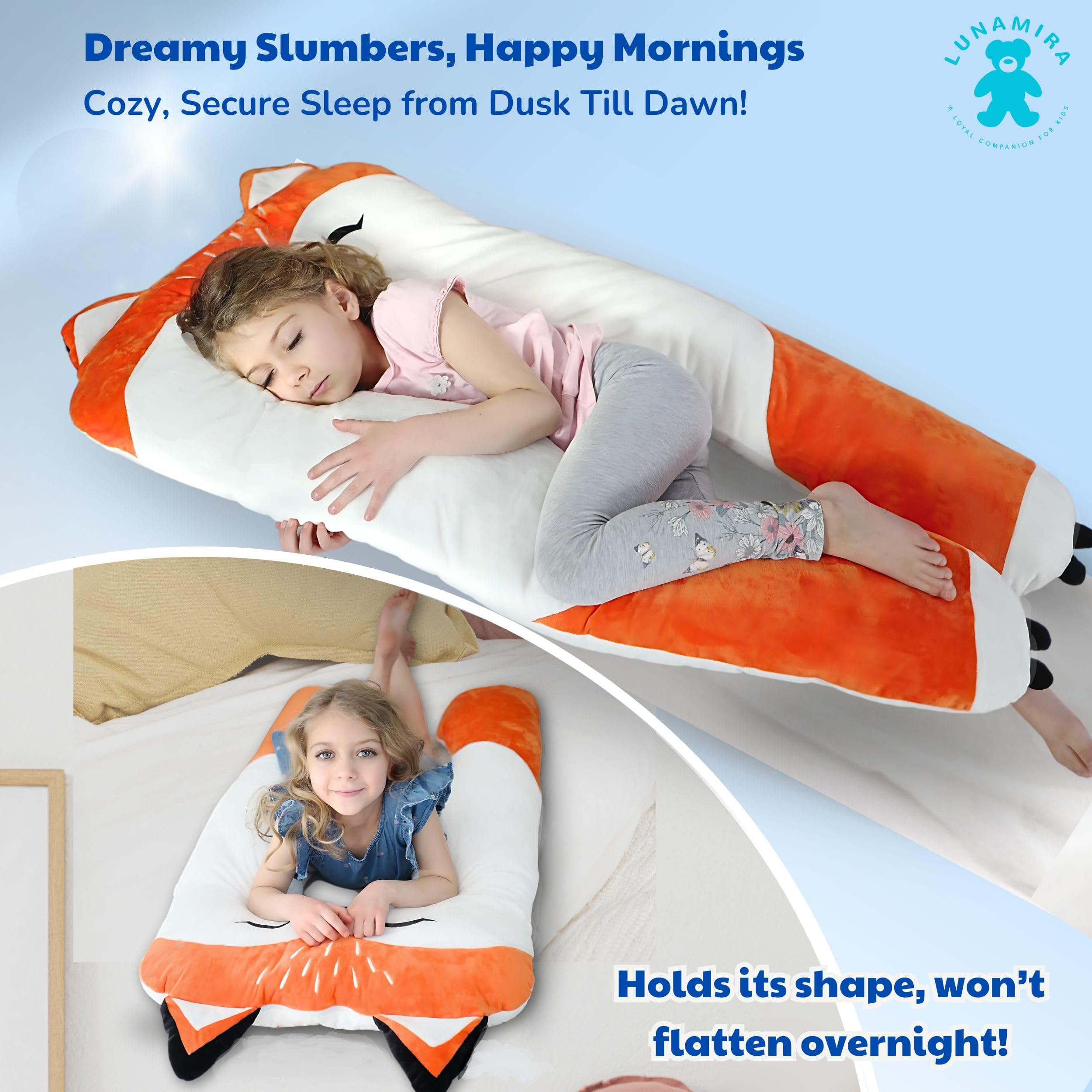 LUNAMIRA Fox Kids Body Pillow spine support demonstrated for better alignment