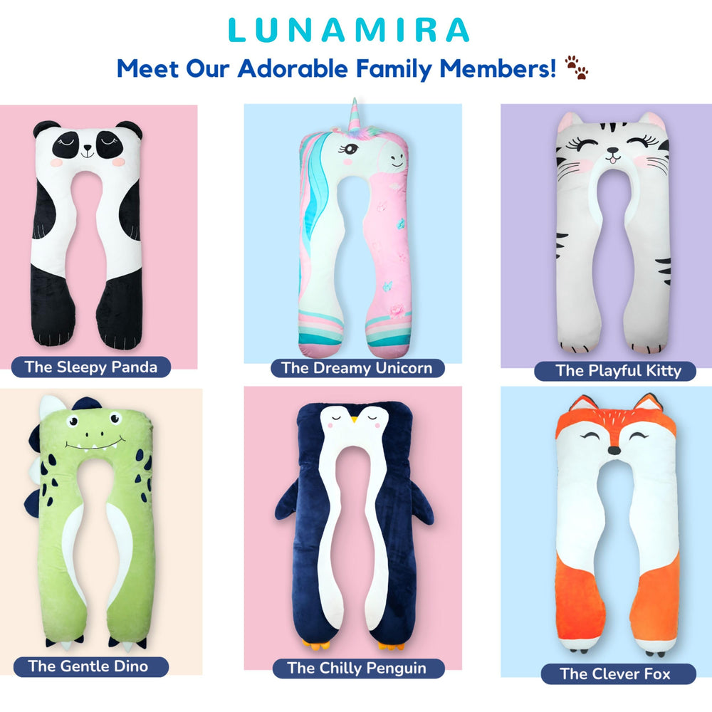 LUNAMIRA Panda Kids Body Pillow eco-friendly materials tag emphasizes sustainability