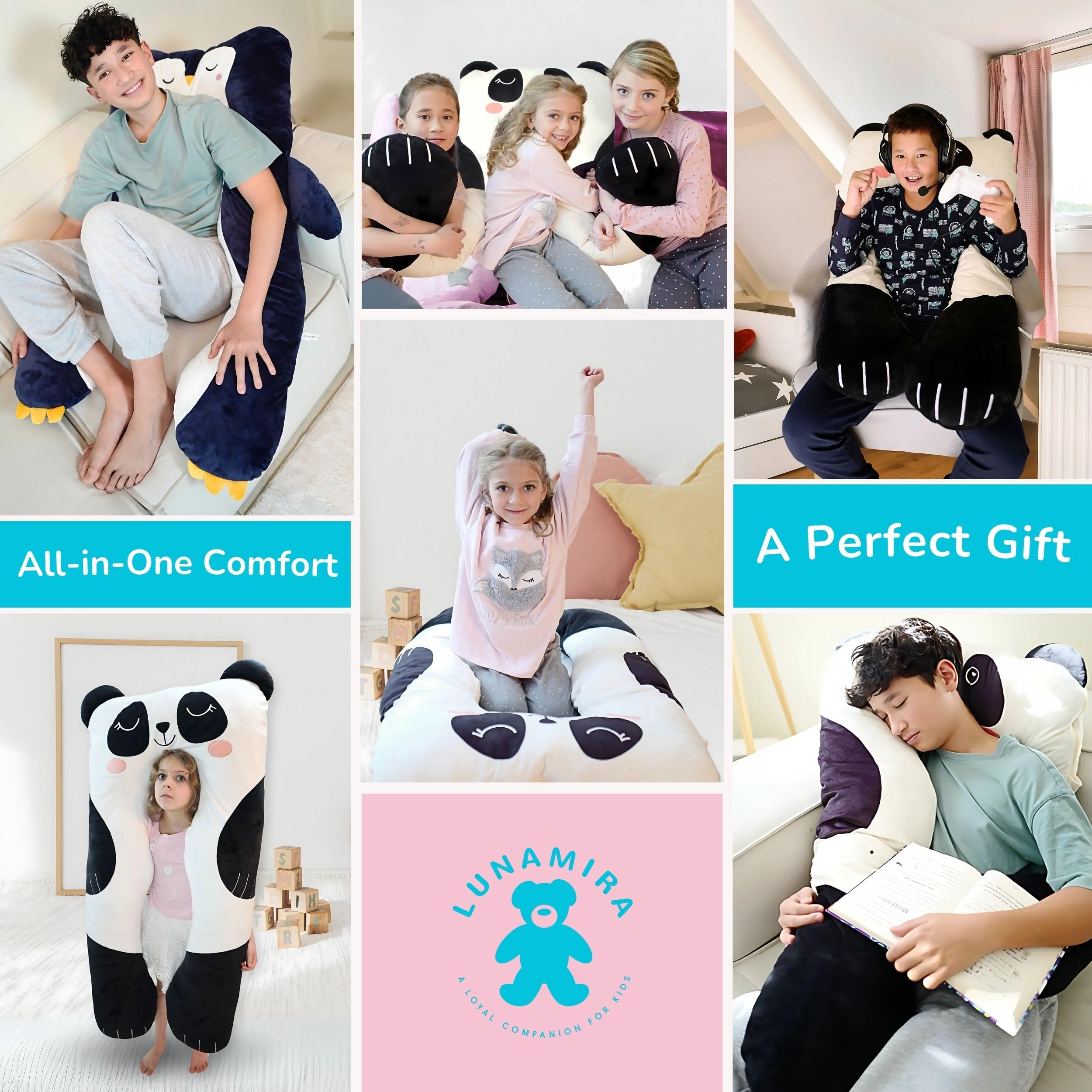 LUNAMIRA Panda Kids Body Pillow spine support angle demonstrates posture-friendly design