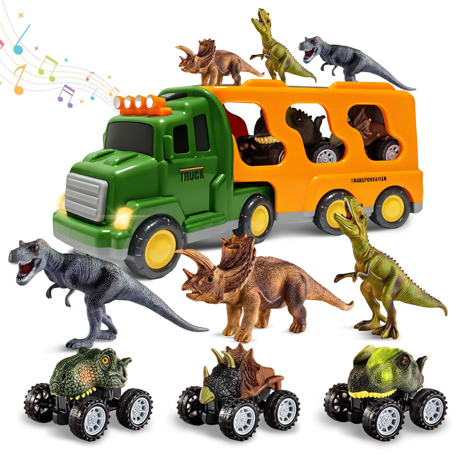 Lunoppy dinosaur truck with 3 cars inspires imaginative transport adventures.
