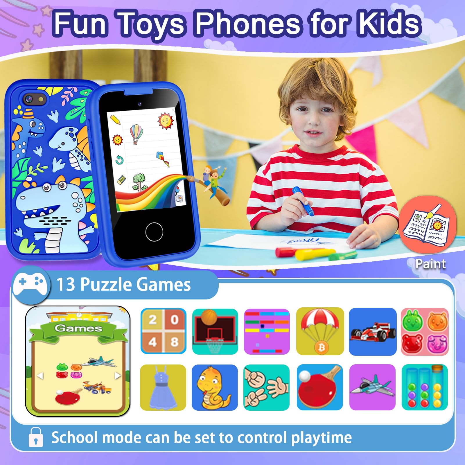 Luoba Kids Phone blue games and music features on screen