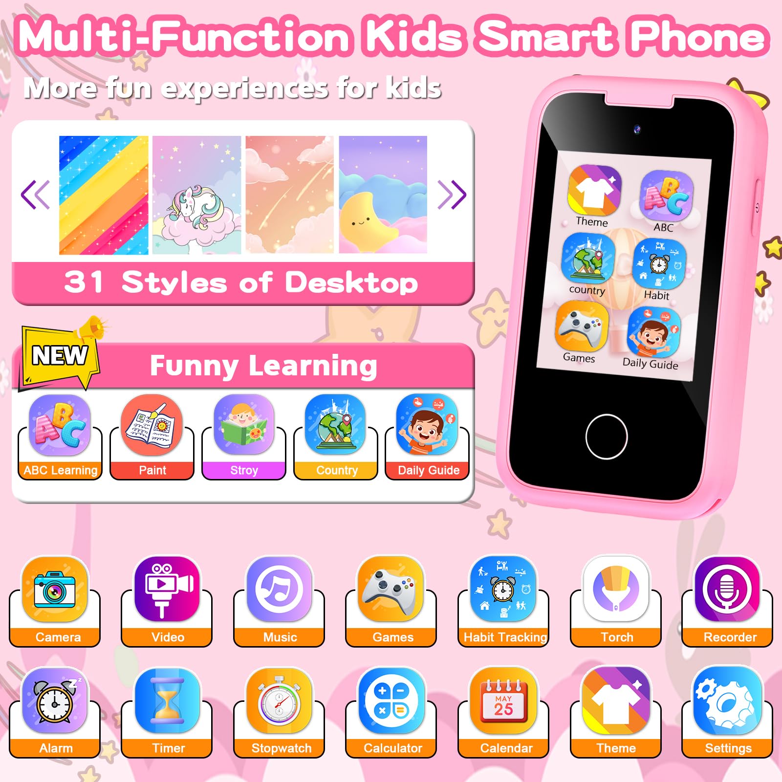 Luoba kids phone pink back view, durable design for daily adventures.