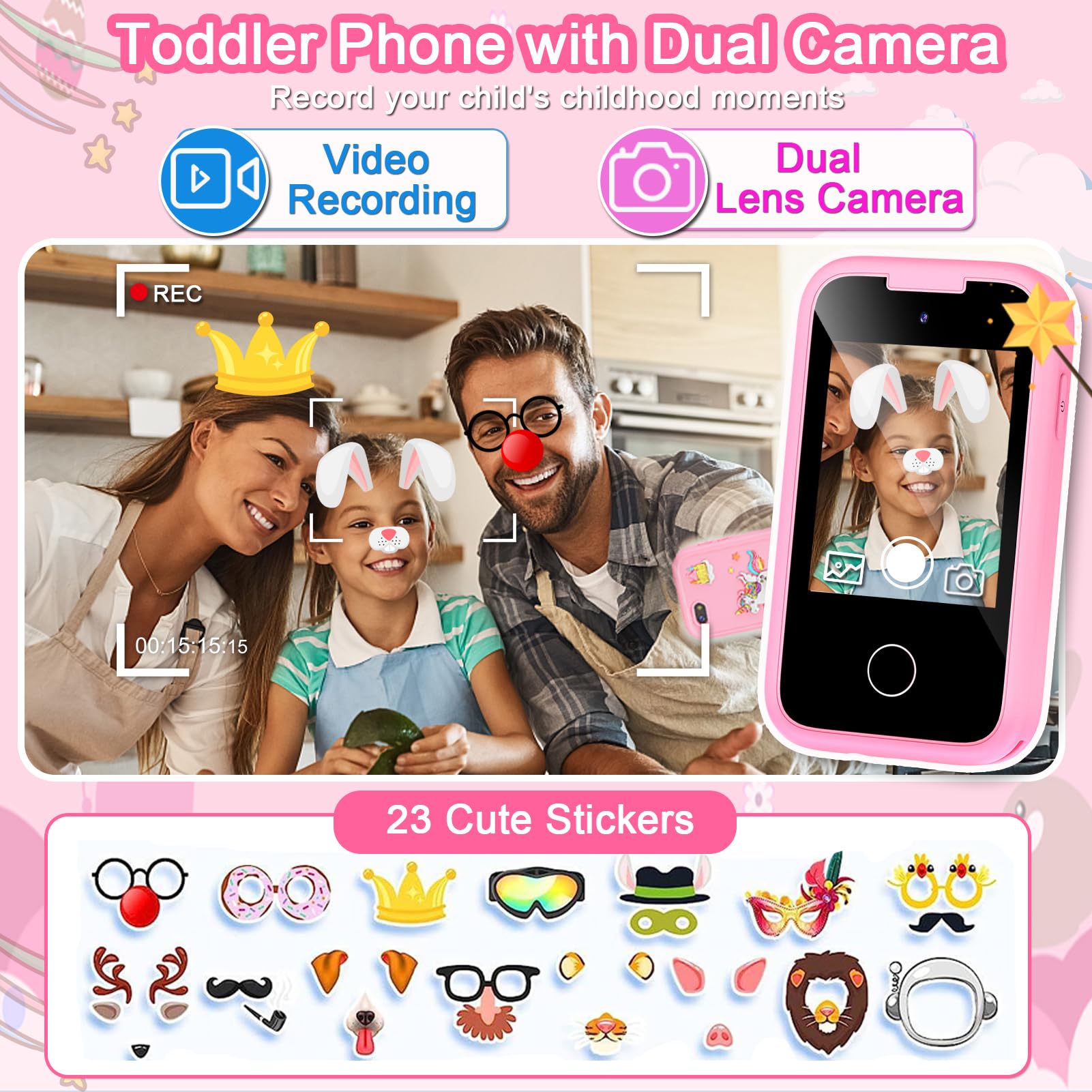 Luoba kids phone pink screen close-up, bright display for games and stories.