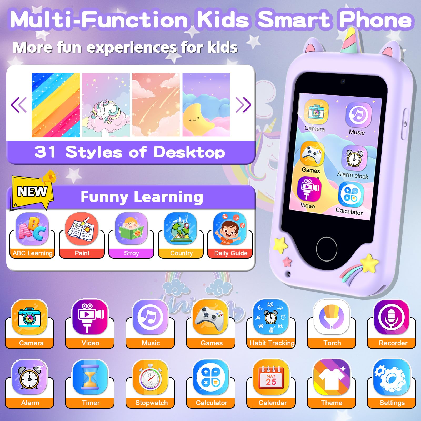 Luoba Kids Smart Phone dual camera for photos and quick video captures.