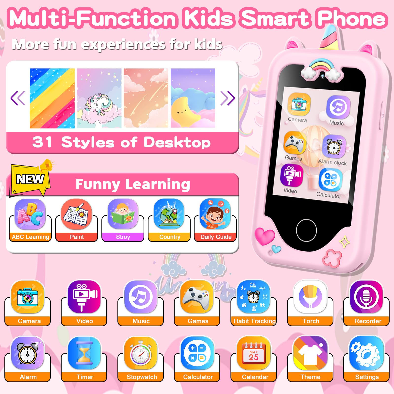 Luoba kids phone pink dual cameras for selfies and quick photo moments