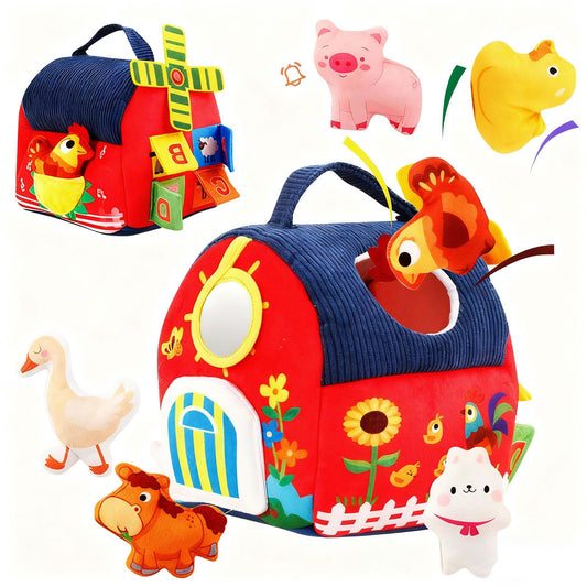 Lurui barn with plush farm animals encourages sensory play and tummy-time exploration.