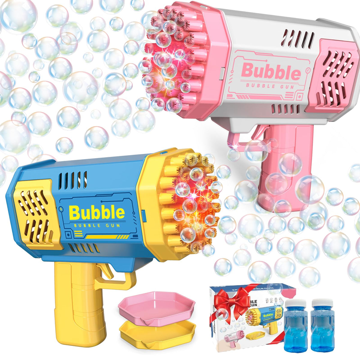 LUSJNGE bubble gun dual-pack ready for outdoor play and sharing fun.