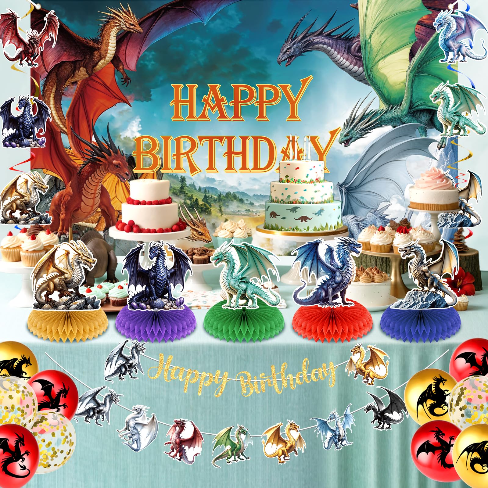 LUUFILx dragon balloons 12 inch in blue, red, and gold for festive decor.