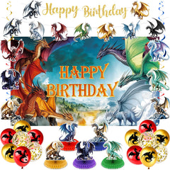 LUUFILx dragon birthday backdrop in blue and gold for a dramatic party focal point.