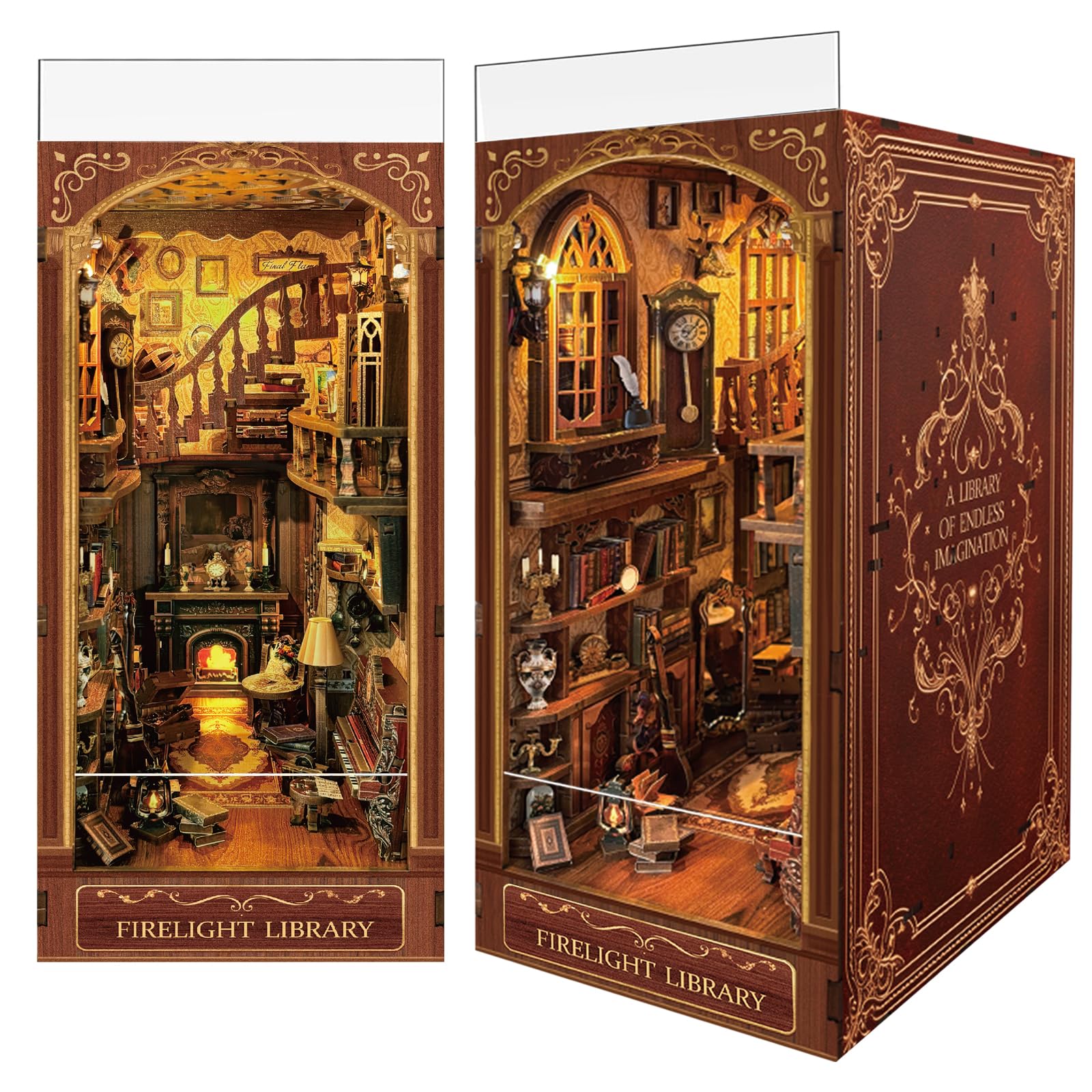 Luuwik Firelight Library Nook glows softly to create warm shelf ambience.