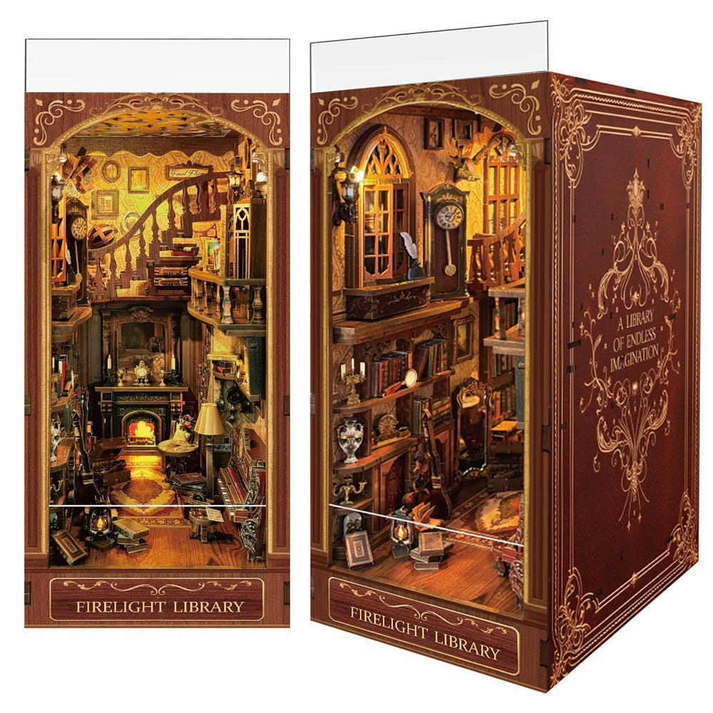 Luuwik Firelight Library Nook glows softly to create warm shelf ambience.
