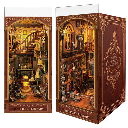 Luuwik Firelight Library Nook glows softly to create warm shelf ambience.