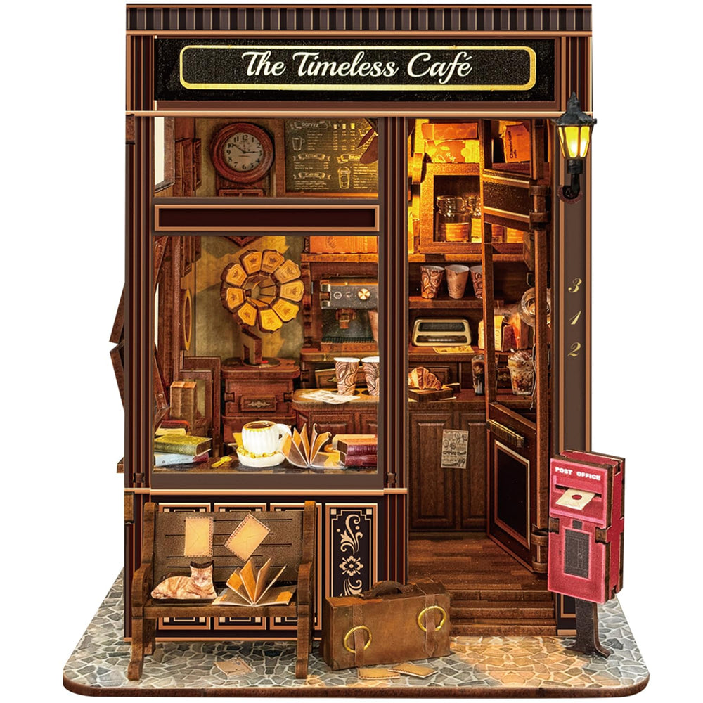 Luuwik Timeless Cafe Book Nook with LED lighting glows warmly on a shelf