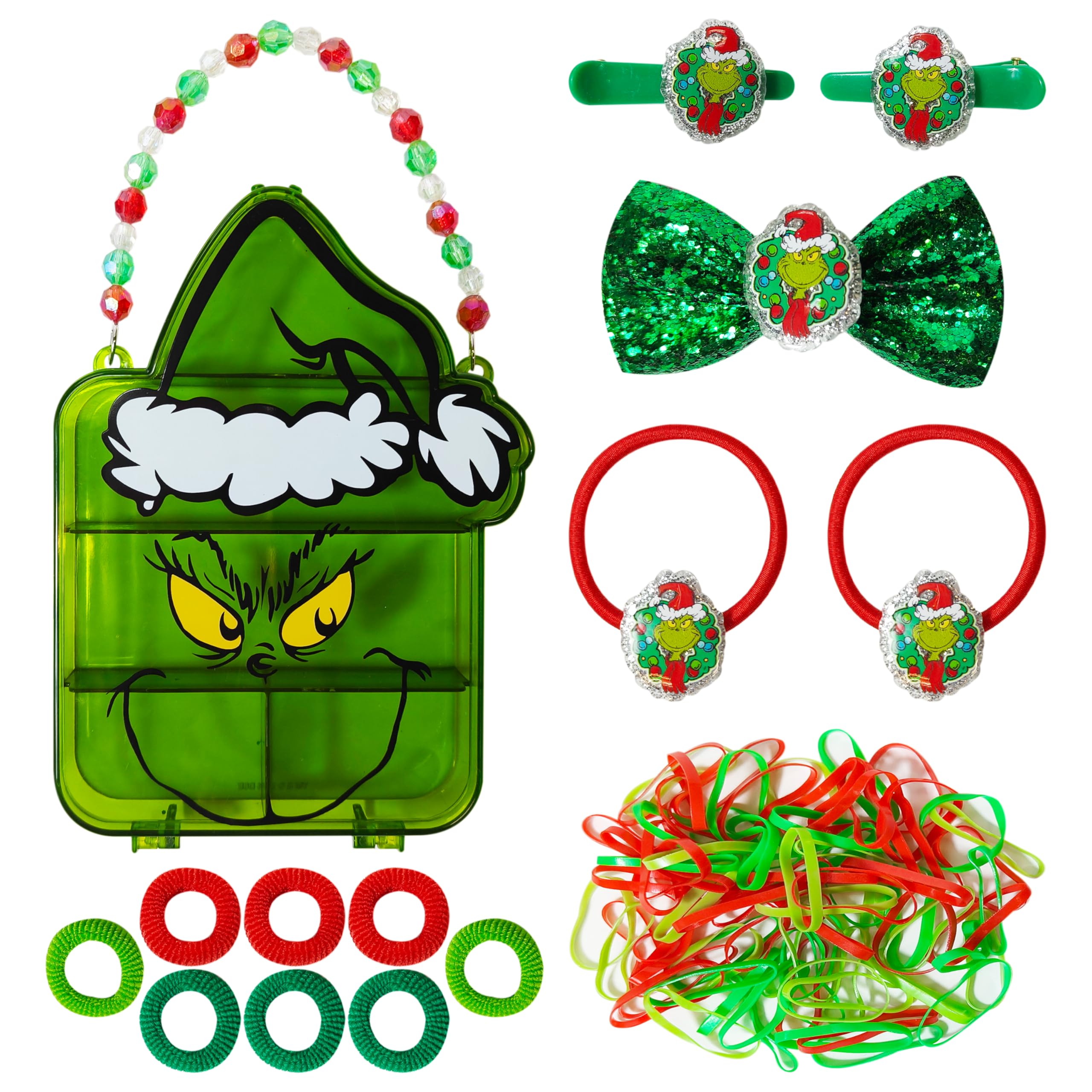 LUV HER Grinch case with beaded handle for organized holiday hair accessories