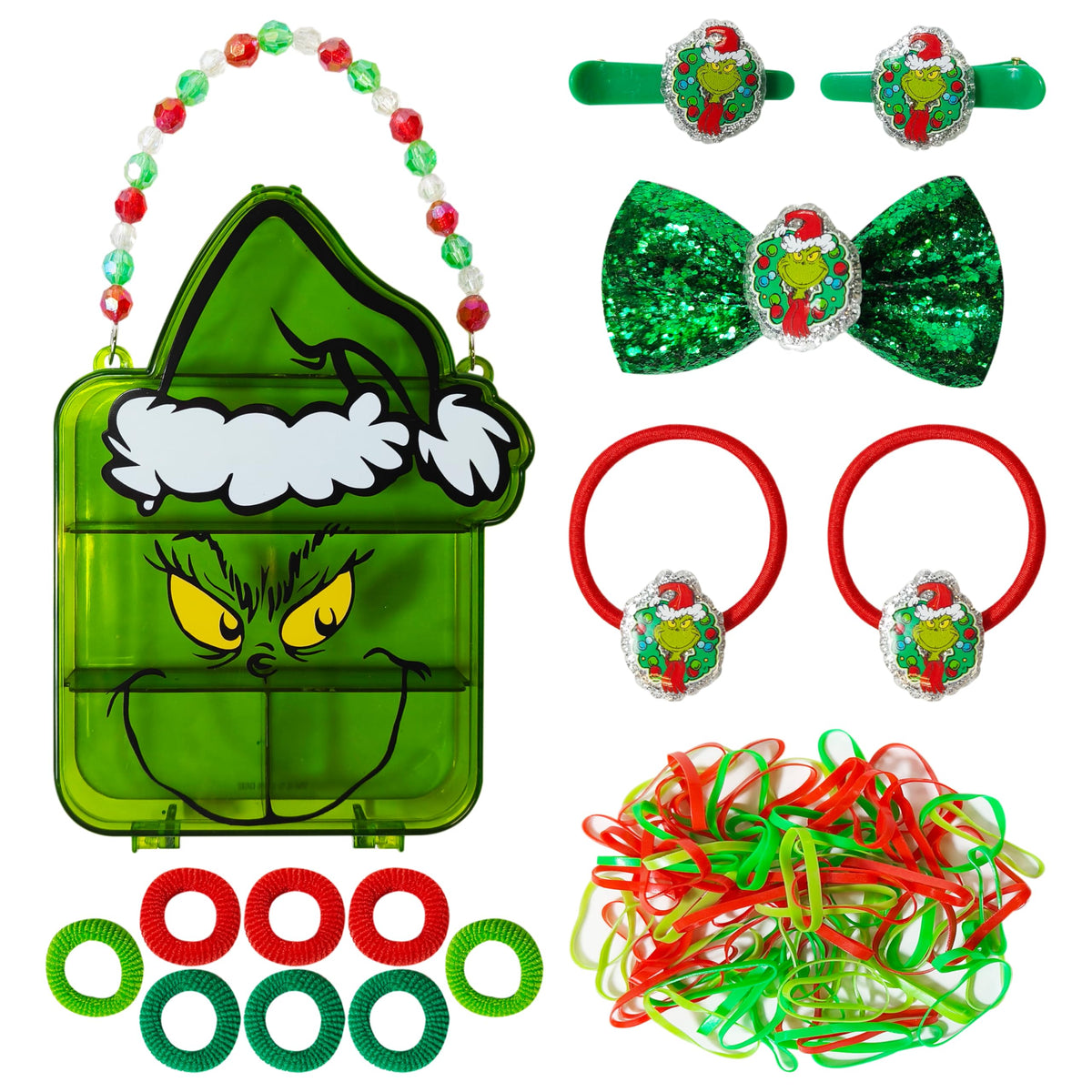 LUV HER Grinch case with beaded handle for organized holiday hair accessories