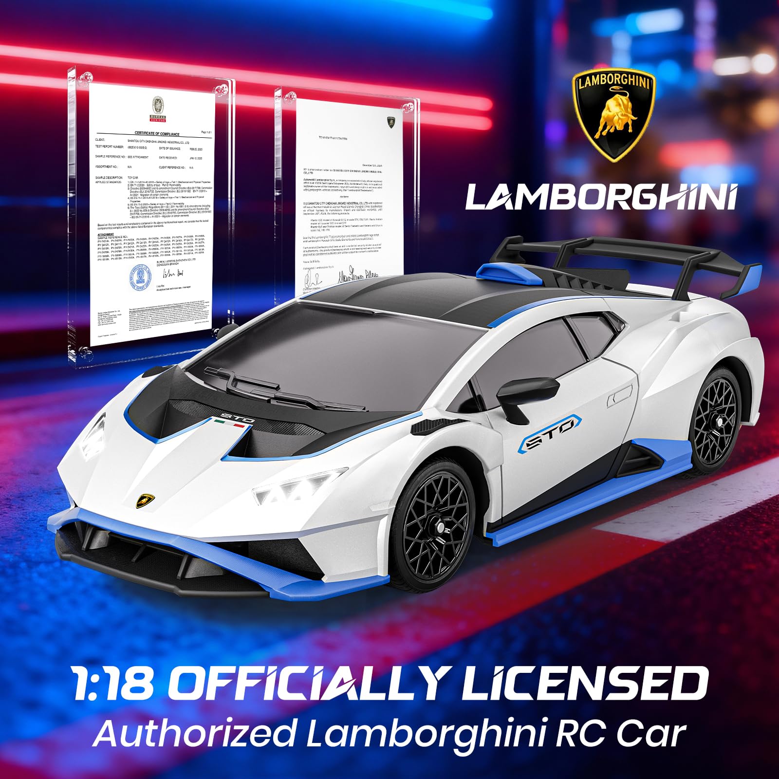 LUXOS RC Lamborghini with 2.4GHz remote for stable multi-car play.