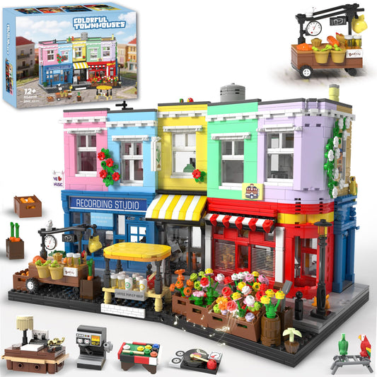 LuxRebuty colorful city street block townhouses with soft lighting for immersive display