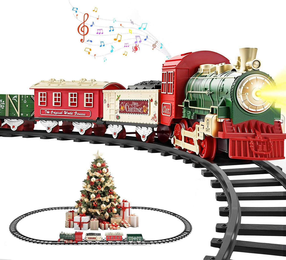 Luxspire Christmas train locomotive gleaming on the track with festive lights for magical holiday scenes.