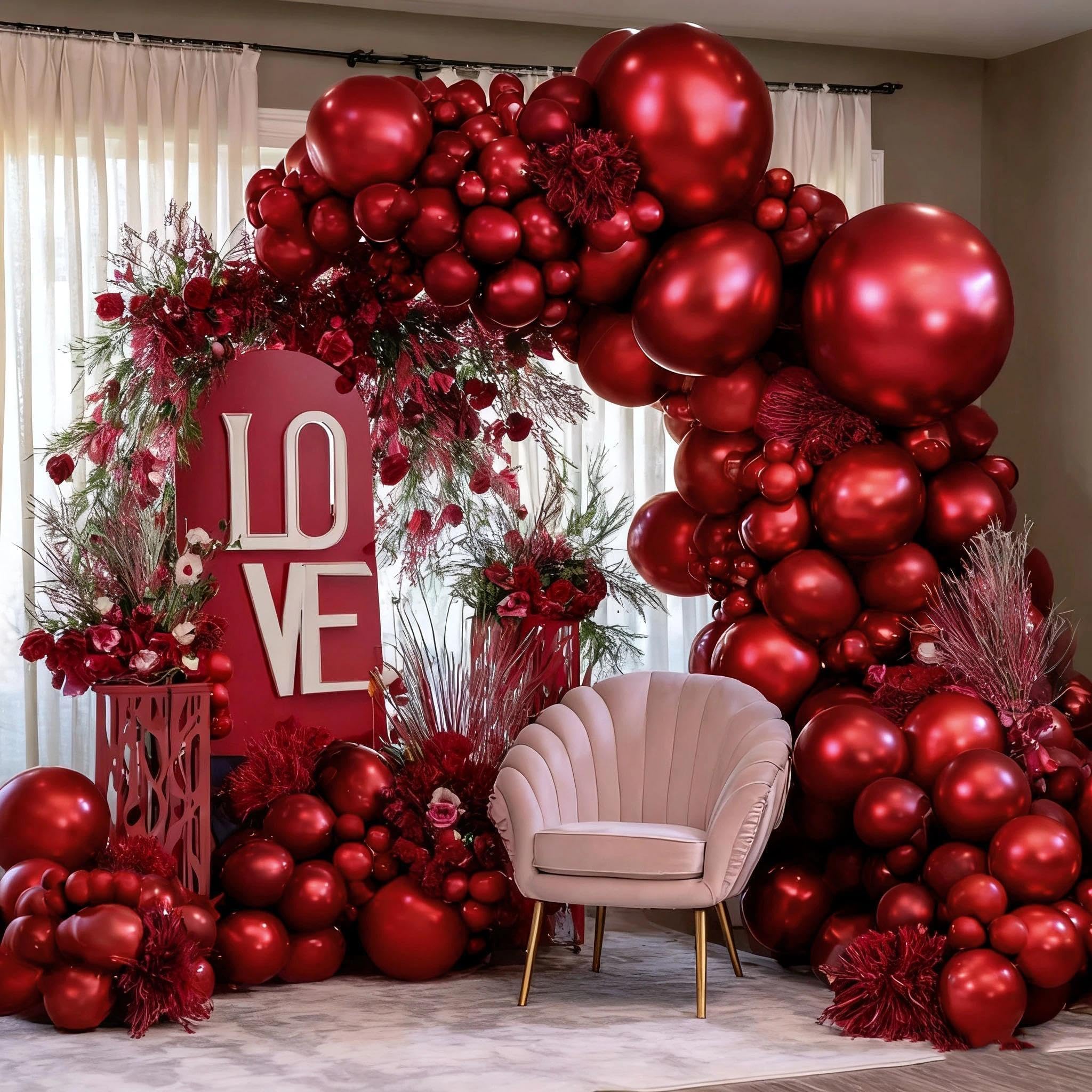 LUXURparty Burgundy double-stuffed 12in balloons add depth to your balloon arch.