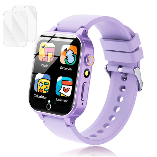 Luyiilo Kids Games Watch front view in purple highlighting durable screen protection.
