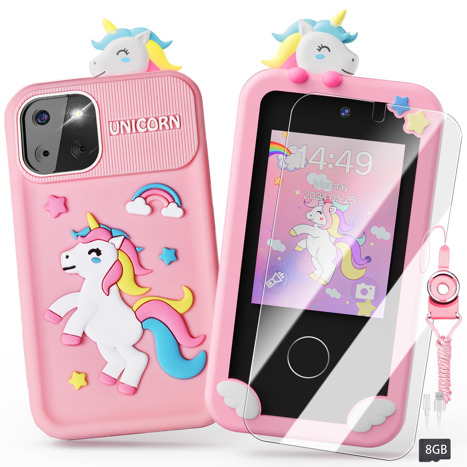 Luyiilo kids smart phone unicorn screen for immersive touchscreen play and learning.