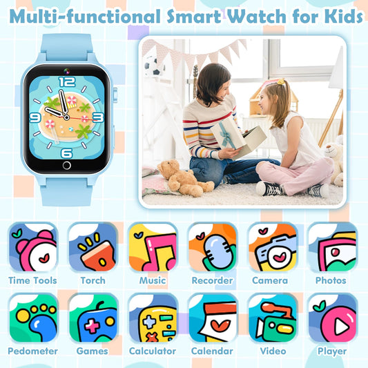 Luyiilo Kids Smart Watch blue on wrist, ideal for outdoor adventures.