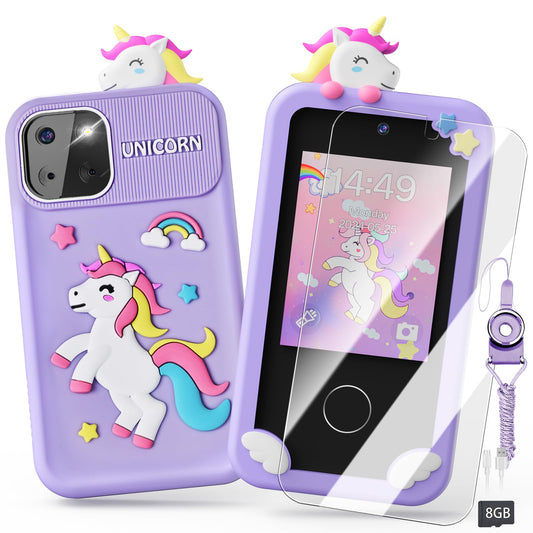 Luyiilo unicorn phone front view with 2.8-inch touchscreen for kids' playtime.