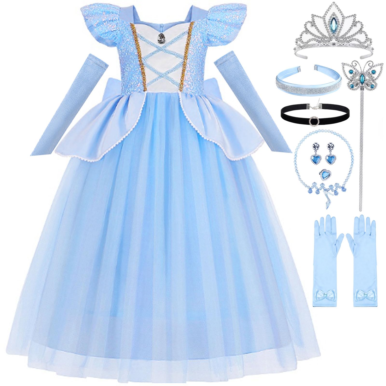 Luzlen Cinderella dress front view with sparkly sequins for magical dress-up.
