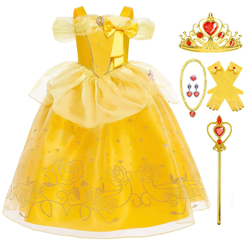 Luzlen Princess Dress yellow gown with crown, ideal for dress-up and imaginative play.