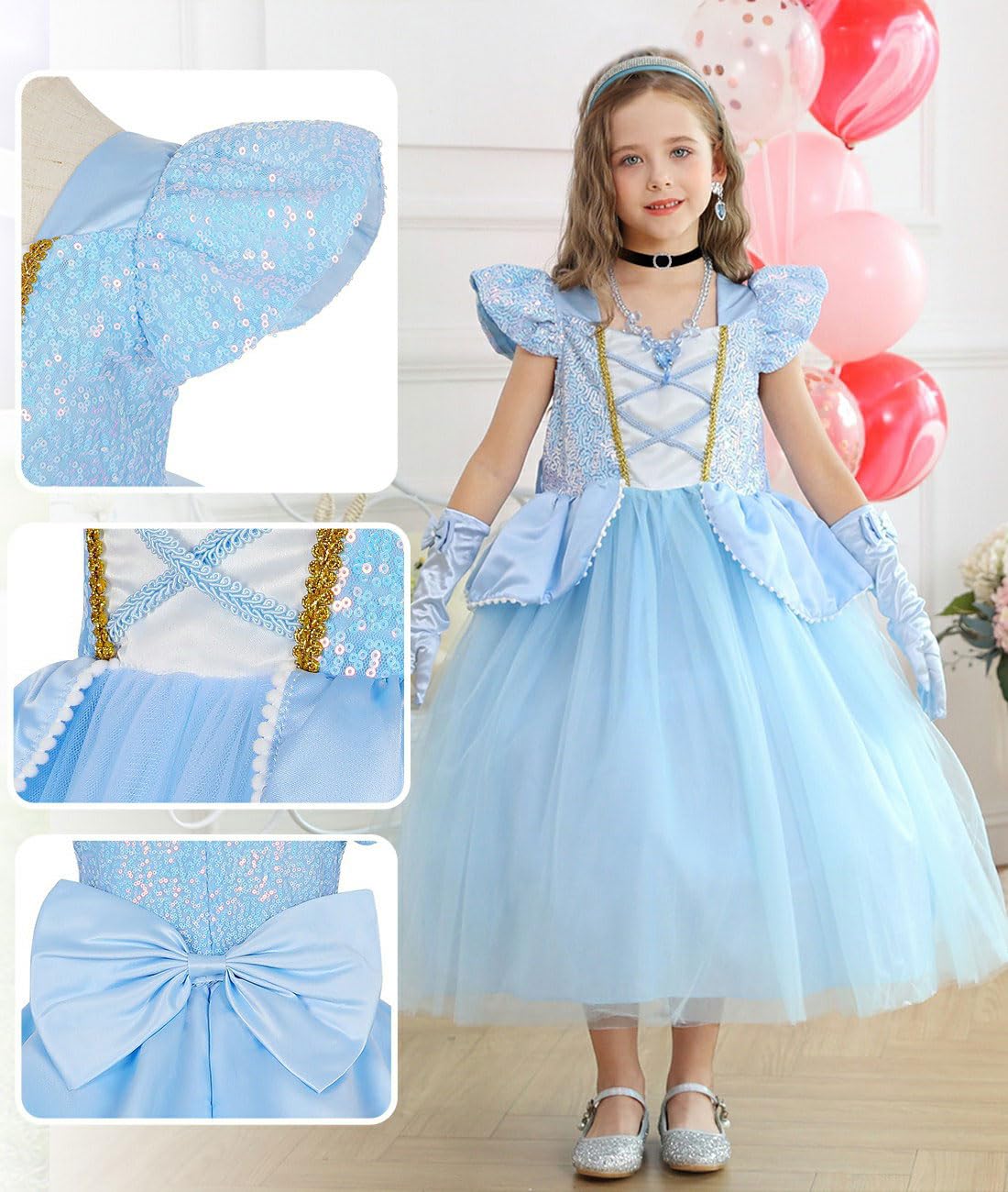 Luzlen dress highlights blue gems and shimmering sequins on bodice.