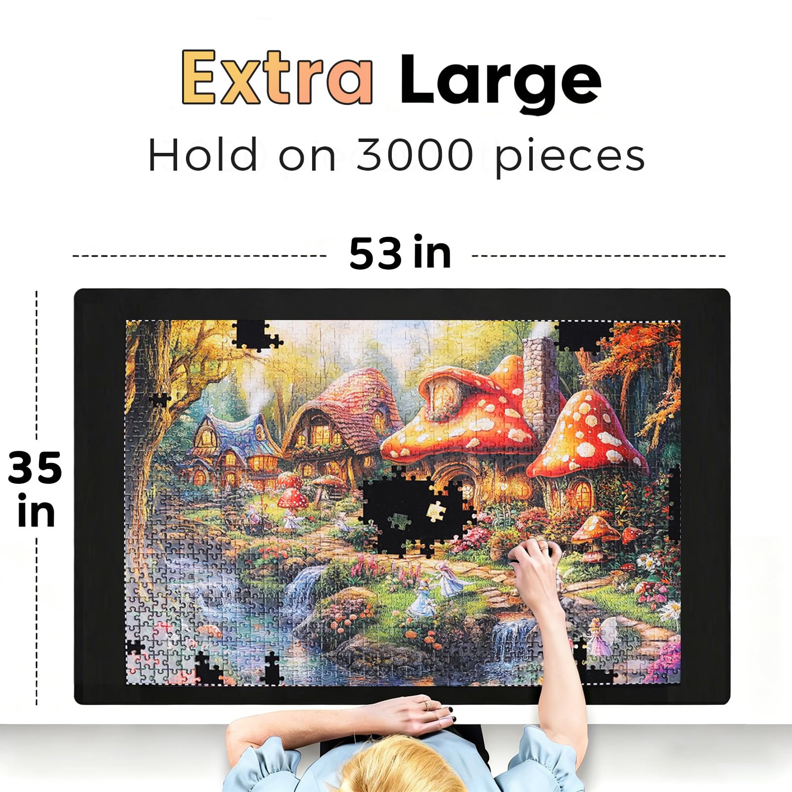 Lwoeo puzzle mat spread to 53.3 by 35 inches for large puzzles.