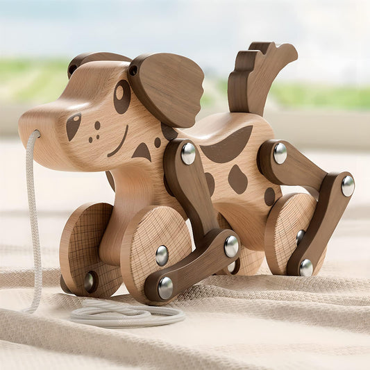 LKyoxs Montessori dog pull toy with wooden frame supports early balance and coordination.